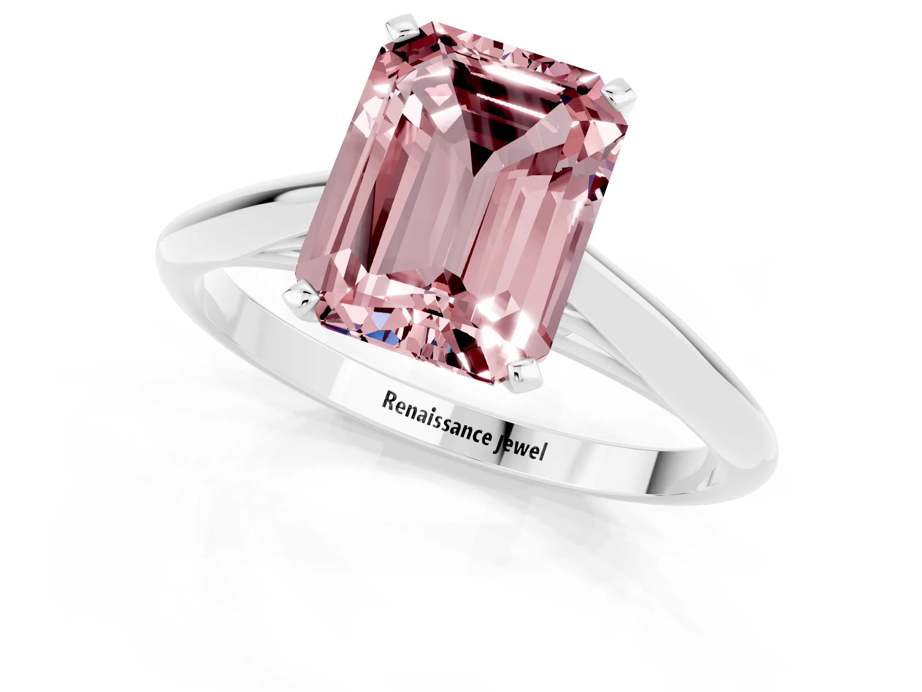 White gold Emerald Cut Morganite Solitaire Engagement Ring with Cathedral Setting and Four-Prong Mount_13