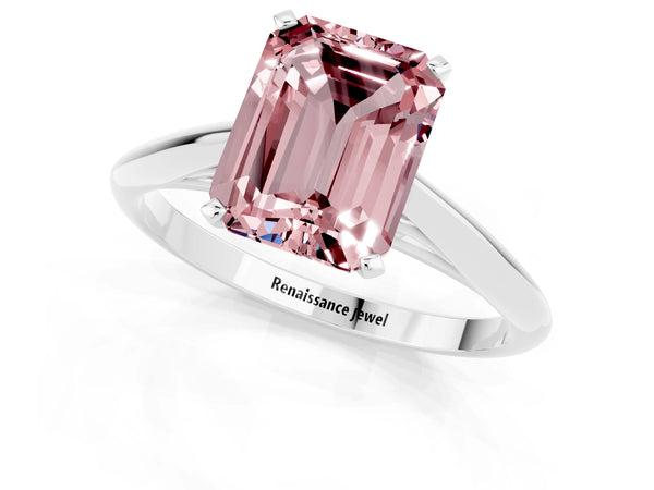 Platinum Emerald Cut Morganite Solitaire Engagement Ring with Cathedral Setting and Four-Prong Mount