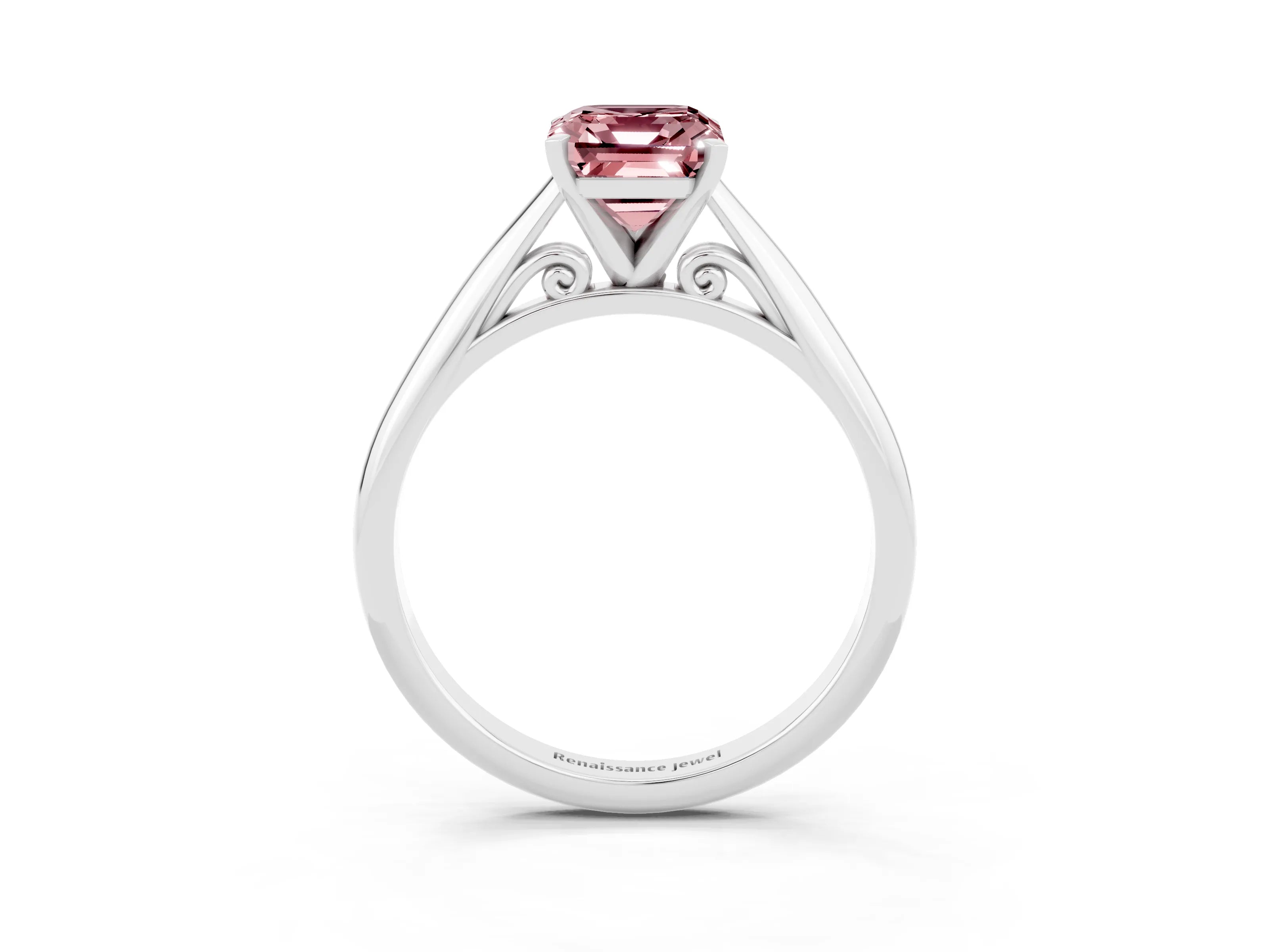 White gold Emerald Cut Morganite Solitaire Engagement Ring with Cathedral Setting and Four-Prong Mount_15