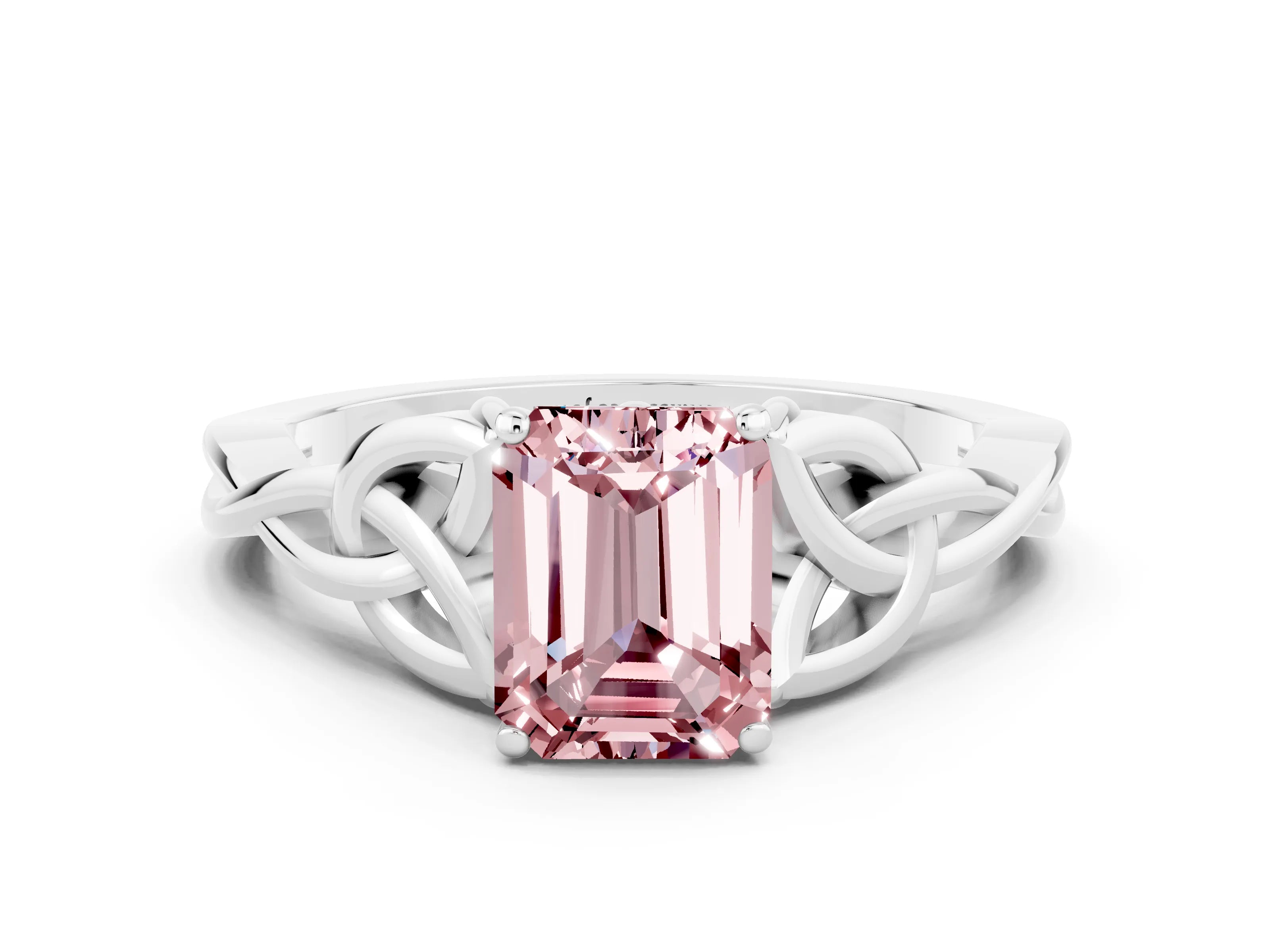 White gold Emerald Cut Morganite Solitaire Engagement Ring with Celtic Knot Band and Four-Prong Setting
