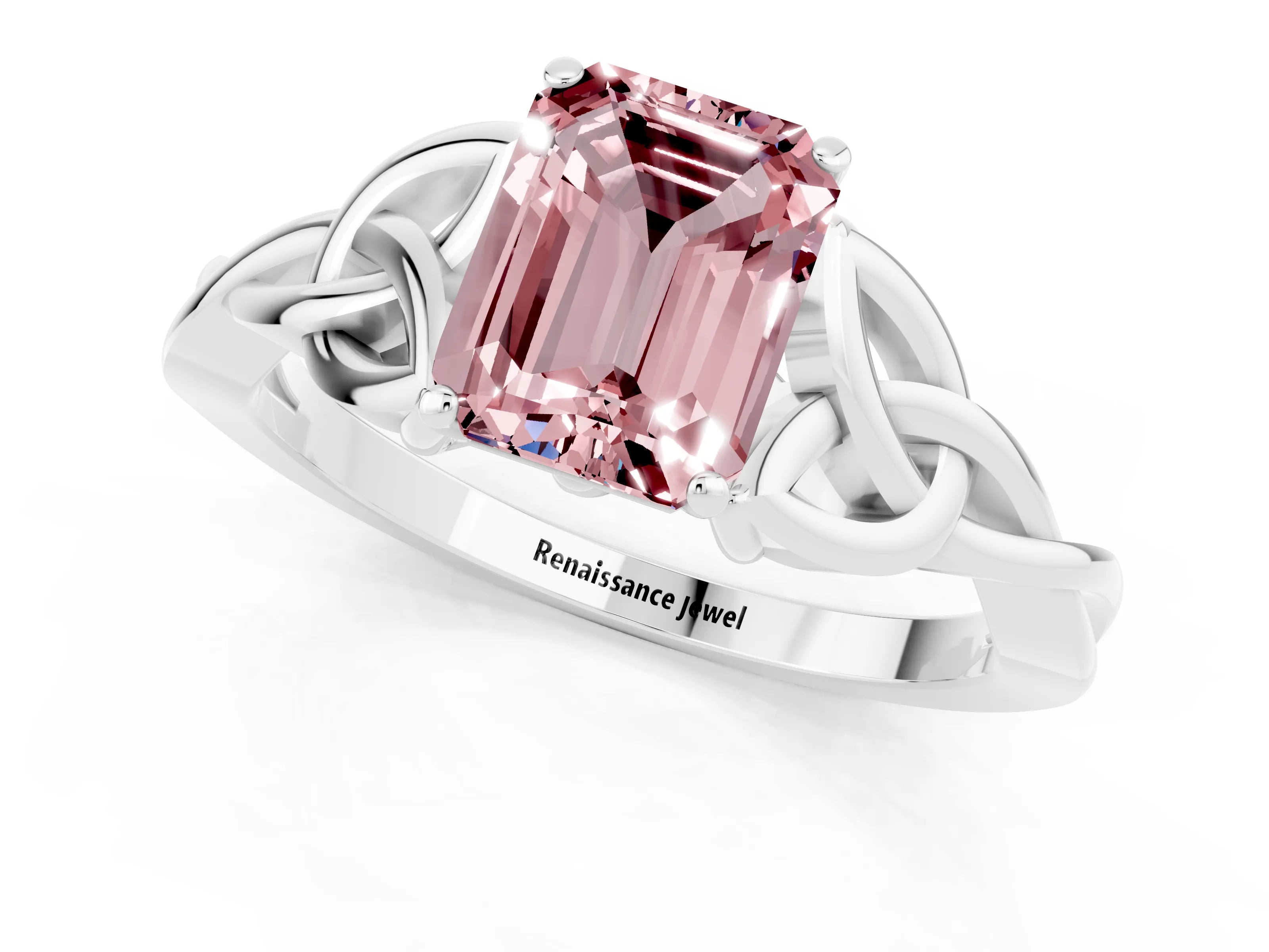 White gold Emerald Cut Morganite Solitaire Engagement Ring with Celtic Knot Band and Four-Prong Setting_1