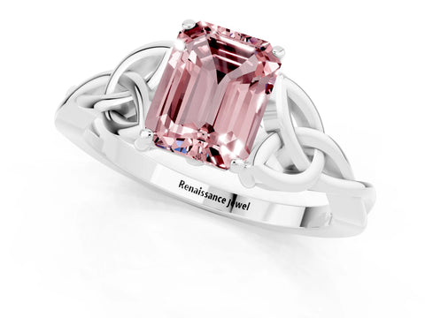 White gold Emerald Cut Morganite Solitaire Engagement Ring with Celtic Knot Band and Four-Prong Setting_1