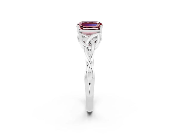 Platinum Emerald Cut Morganite Solitaire Engagement Ring with Celtic Knot Band and Four-Prong Setting