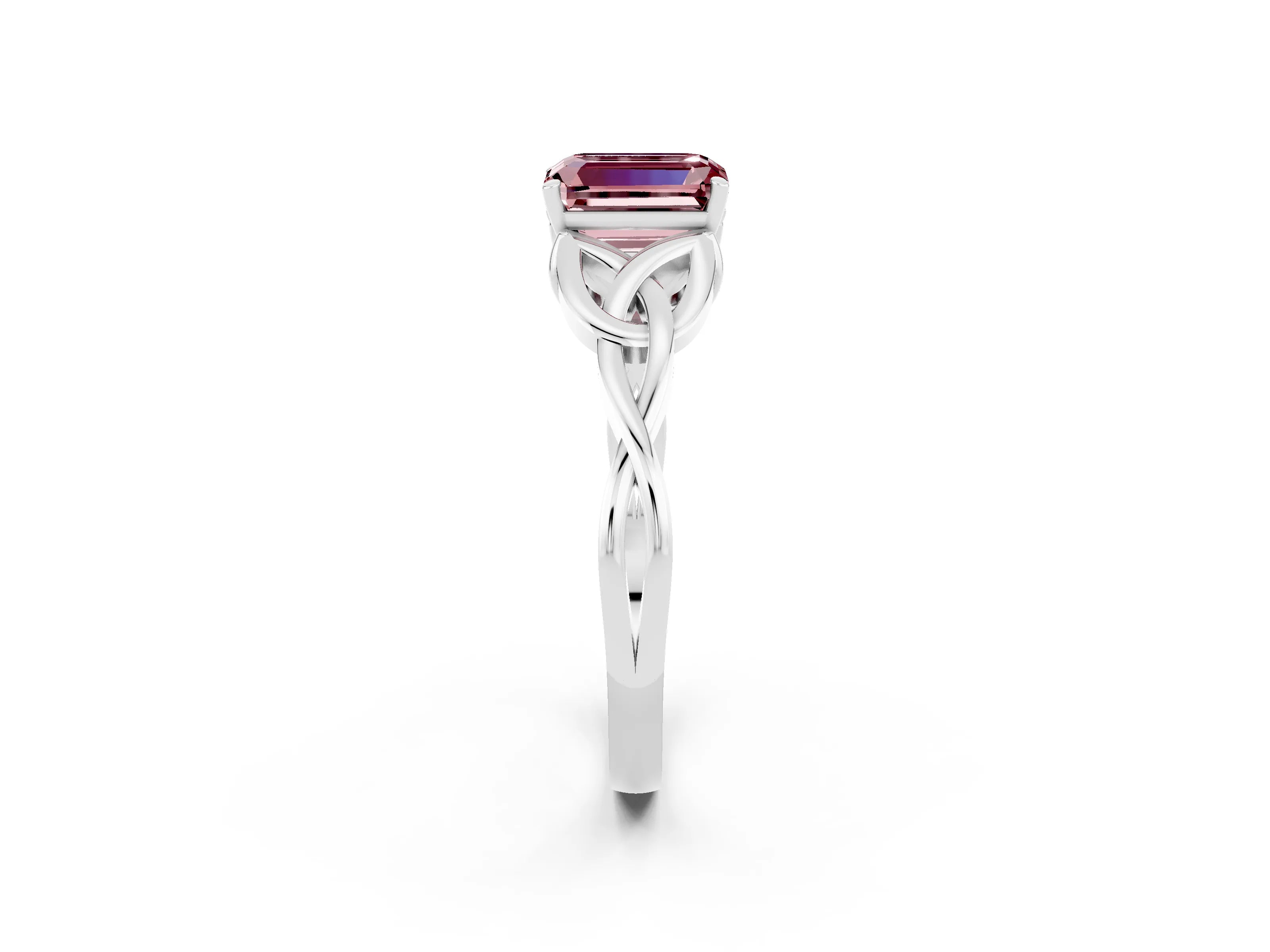 White gold Emerald Cut Morganite Solitaire Engagement Ring with Celtic Knot Band and Four-Prong Setting_2