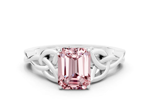 White gold Emerald Cut Morganite Solitaire Engagement Ring with Celtic Knot Band and Four-Prong Setting