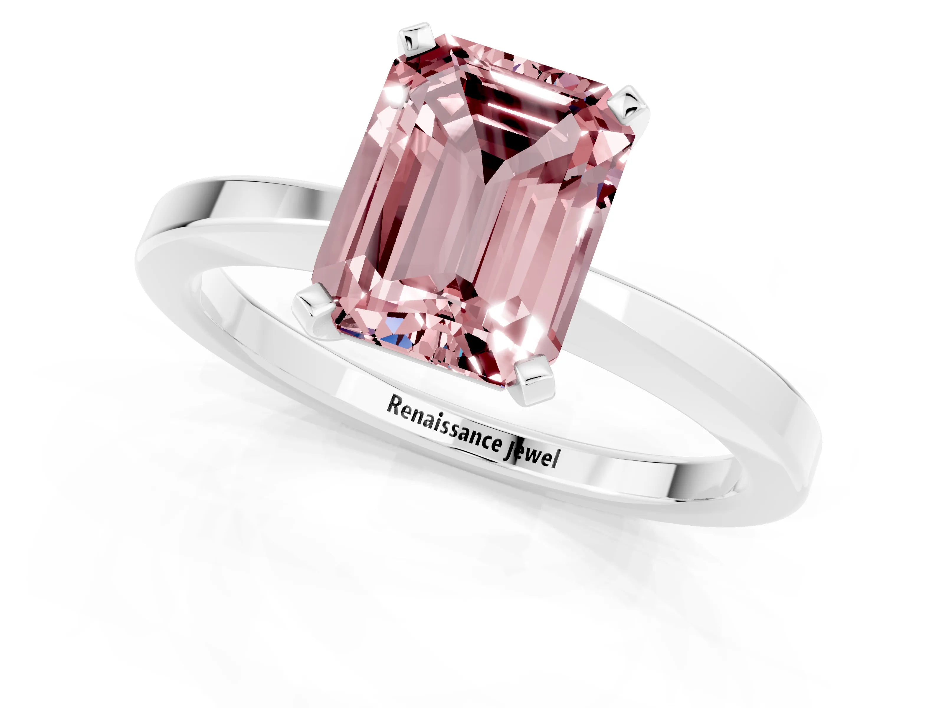 White gold Emerald Cut Morganite Solitaire Engagement Ring with Classic Band and Four-Prong Setting_25
