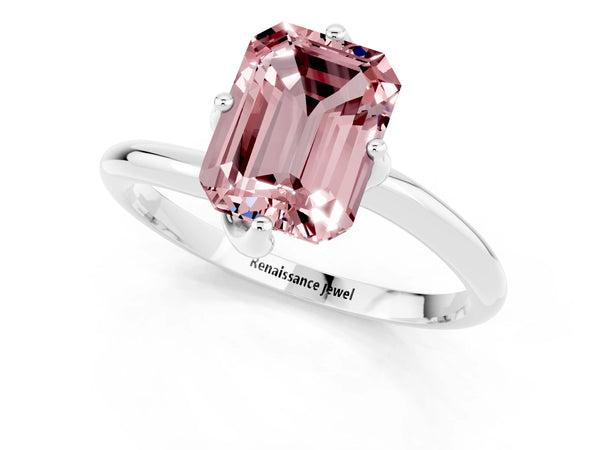 White gold Emerald Cut Morganite Solitaire Engagement Ring with Four-Prong Setting and Classic Band