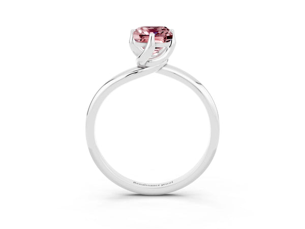Platinum Emerald Cut Morganite Solitaire Engagement Ring with Four-Prong Setting and Classic Band