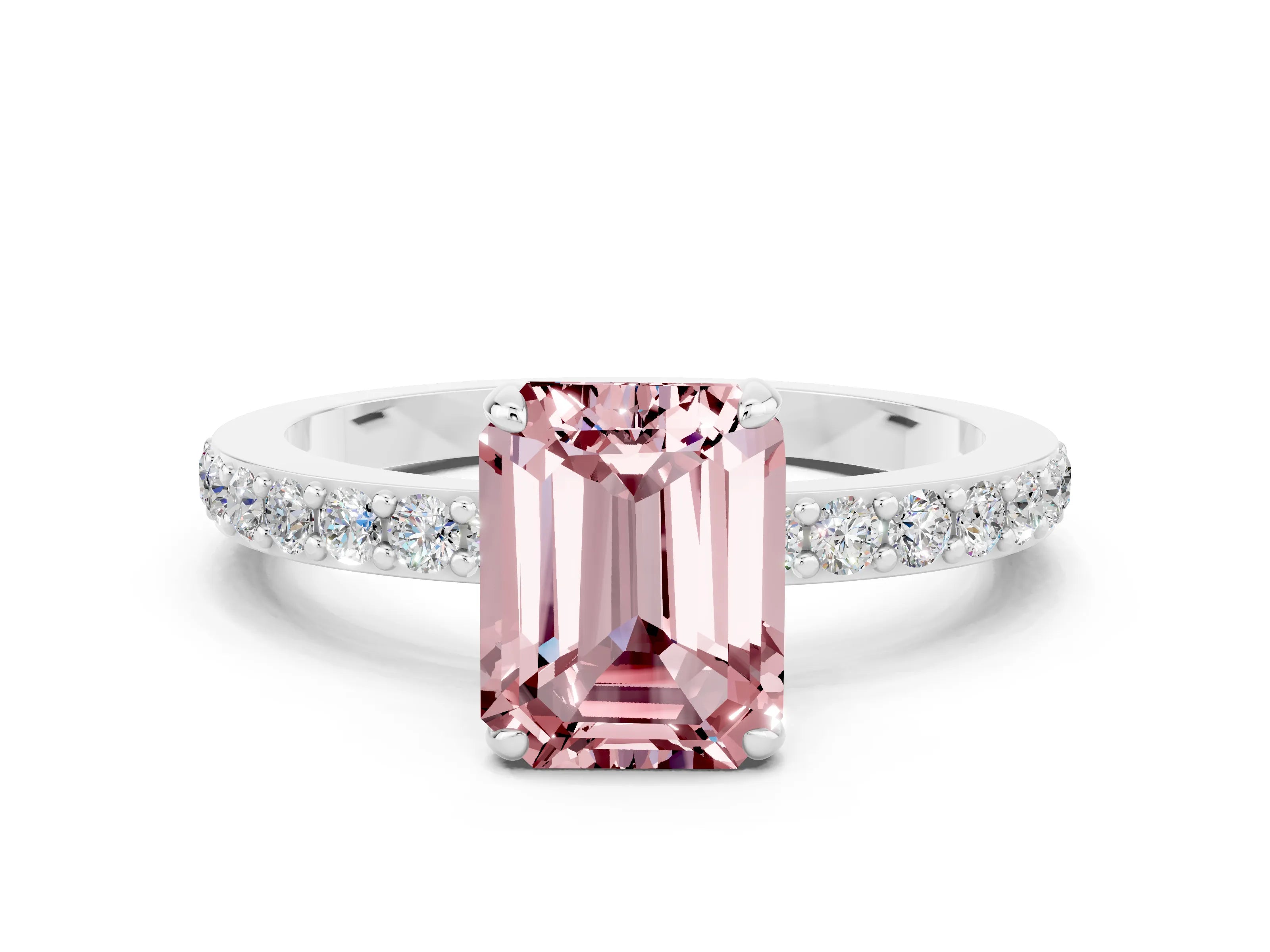 White gold Emerald Cut Morganite Solitaire Engagement Ring with Pavé Band and Four-Prong Setting