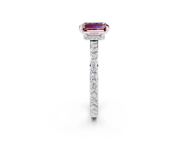 White gold Emerald Cut Morganite Solitaire Engagement Ring with Pavé Band and Four-Prong Setting