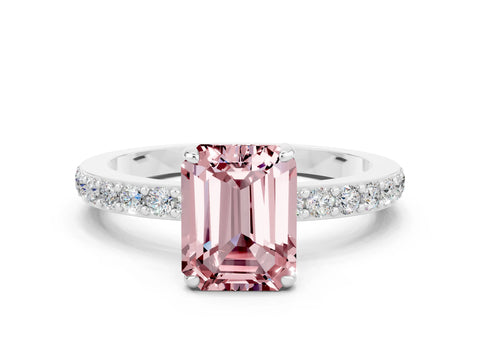 White gold Emerald Cut Morganite Solitaire Engagement Ring with Pavé Band and Four-Prong Setting