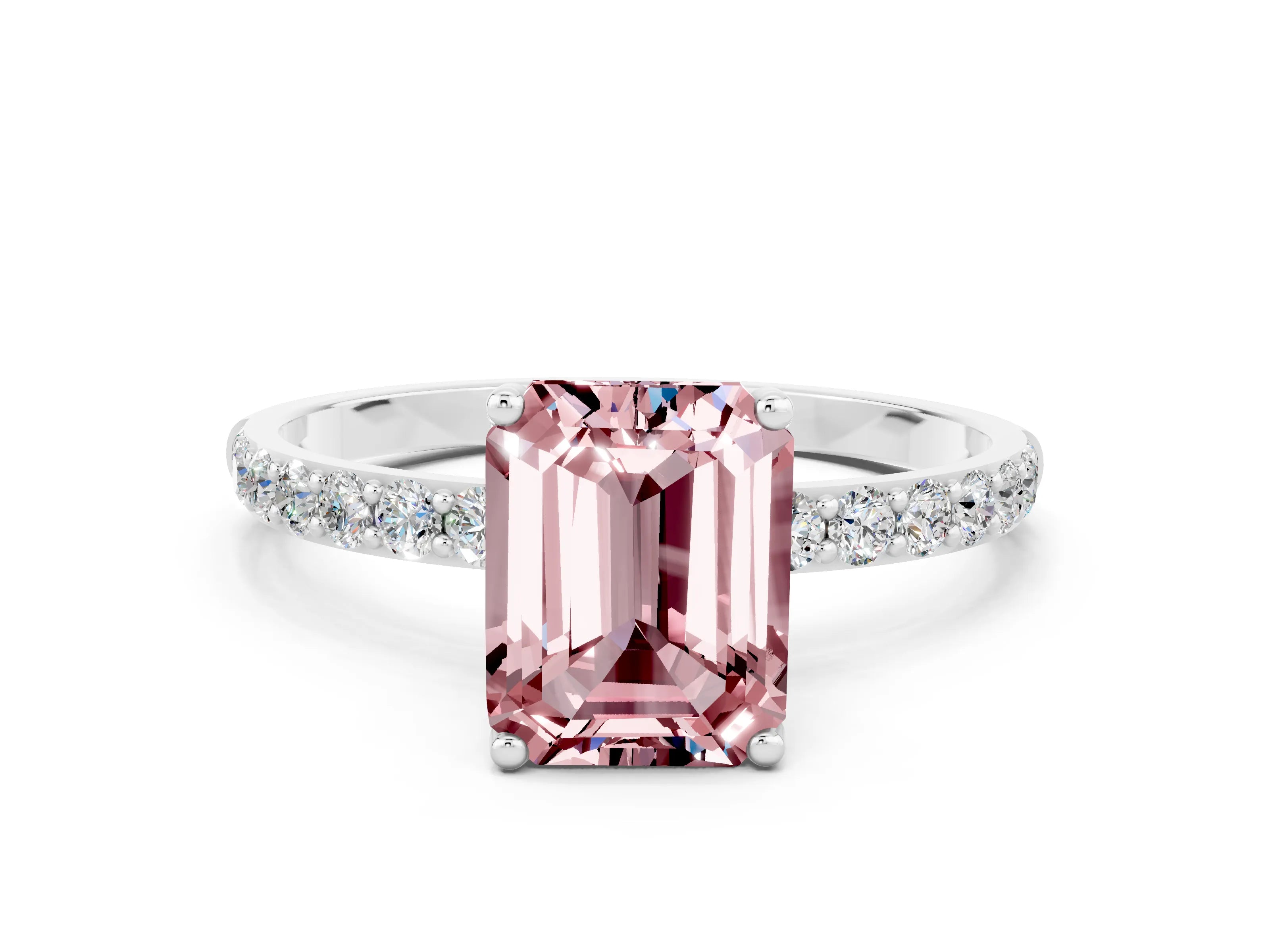 White gold Emerald Cut Morganite Solitaire Engagement Ring with Pavé Band and Prong Setting