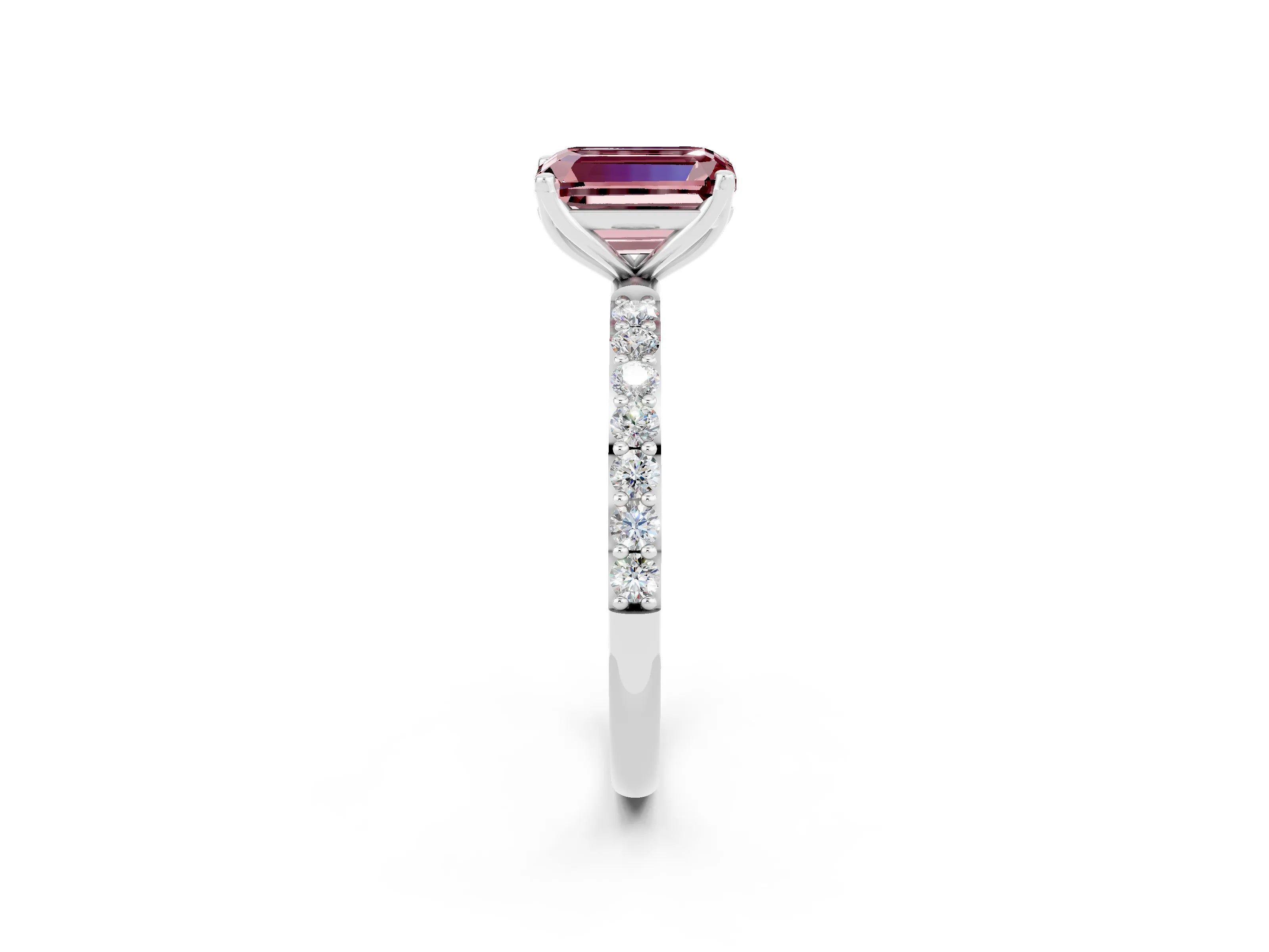 White gold Emerald Cut Morganite Solitaire Engagement Ring with Pavé Band and Prong Setting_2