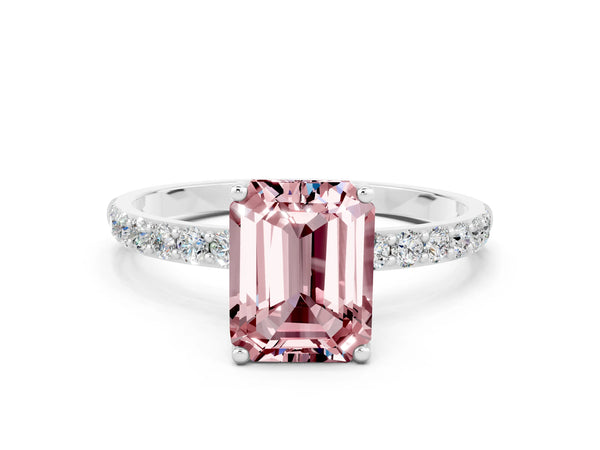 Silver Emerald Cut Morganite Solitaire Engagement Ring with Round  Pavé Band and Prong Setting