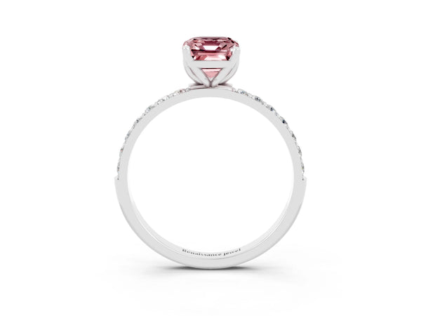Platinum Emerald Cut Morganite Solitaire Engagement Ring with Round  Pavé Band and Prong Setting
