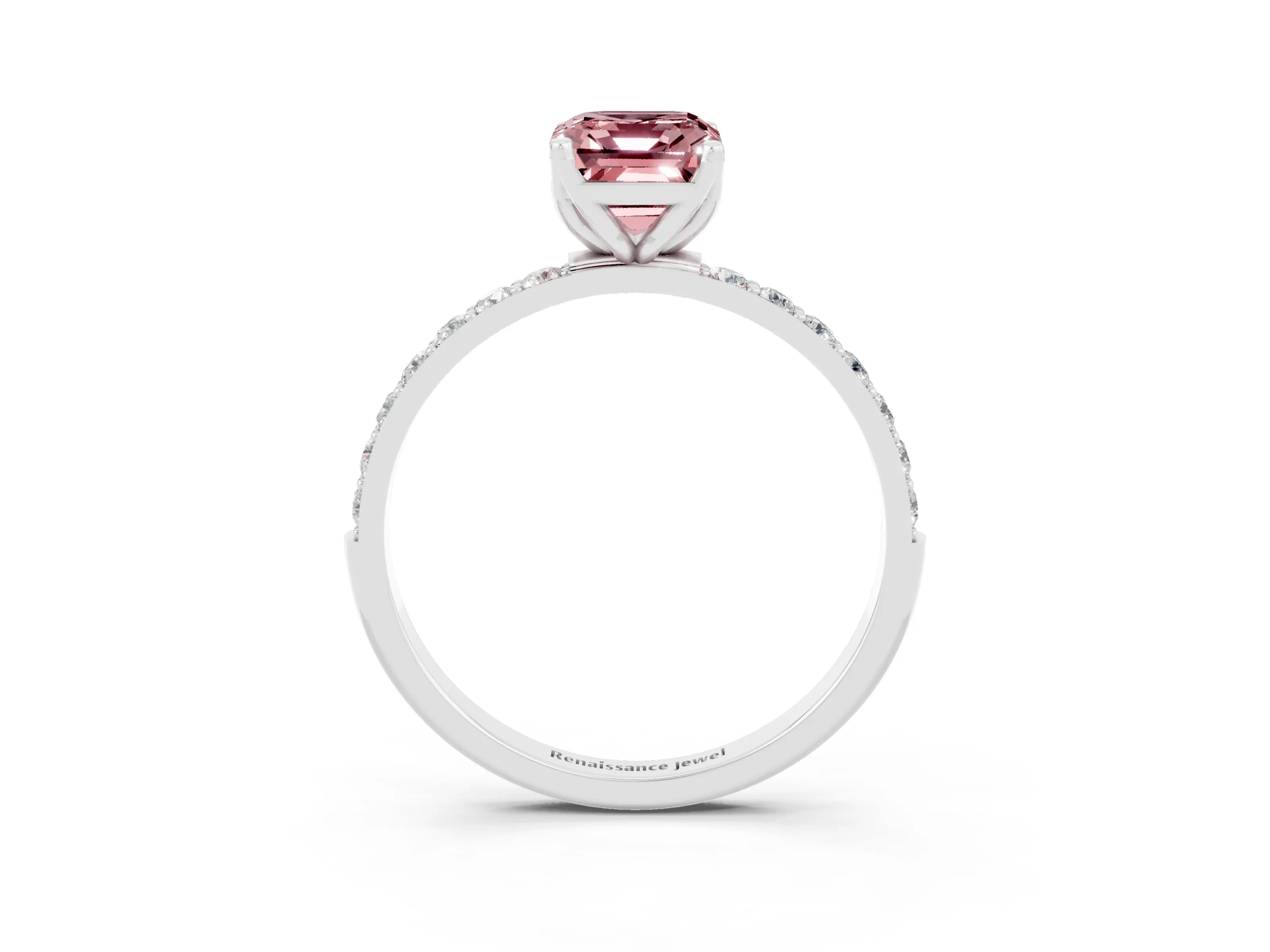 White gold Emerald Cut Morganite Solitaire Engagement Ring with Pavé Band and Prong Setting_3