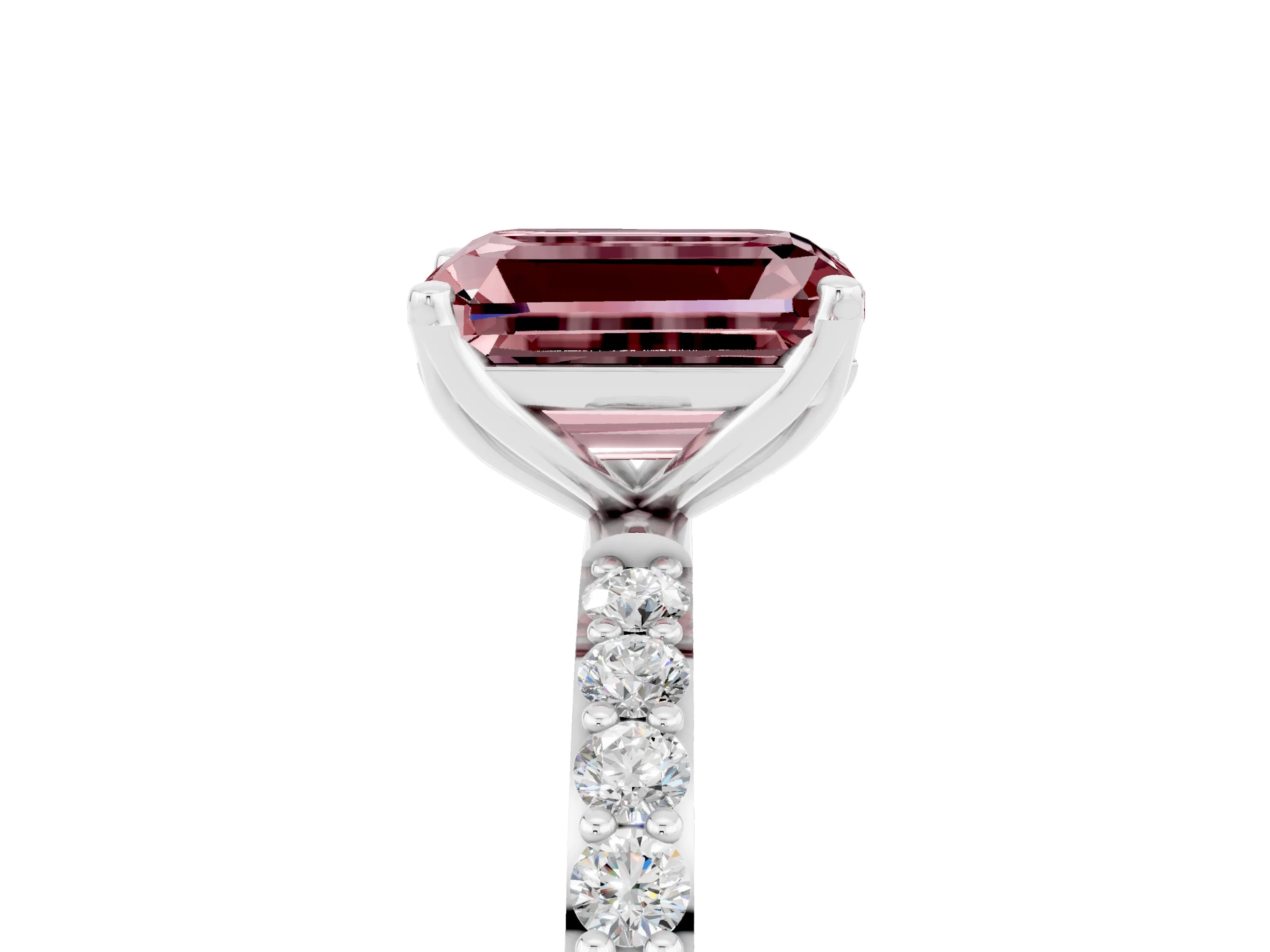 White gold Emerald Cut Morganite Solitaire Engagement Ring with Pavé Band and Prong Setting_5
