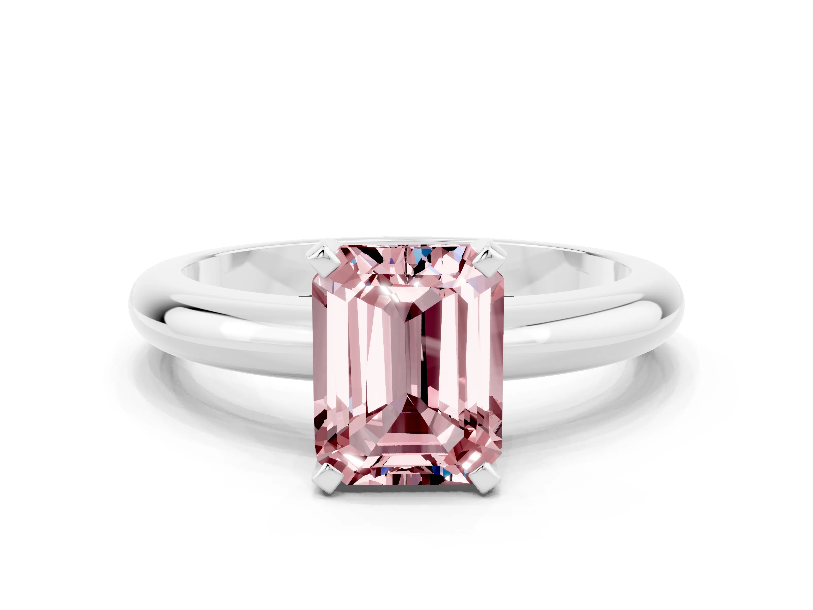 White gold Emerald Cut Morganite Solitaire Engagement Ring with Round Band and Four-Prong Setting