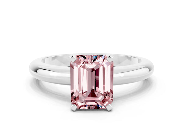 White gold Emerald Cut Morganite Solitaire Engagement Ring with Round Band and Four-Prong Setting