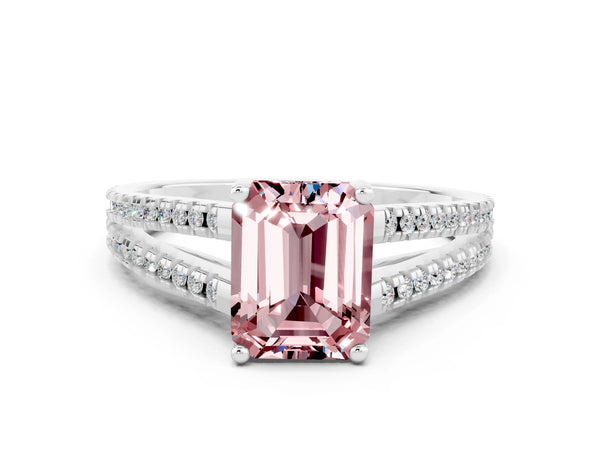 Platinum Emerald Cut Morganite Solitaire Engagement Ring with Split Shank Pavé Band
