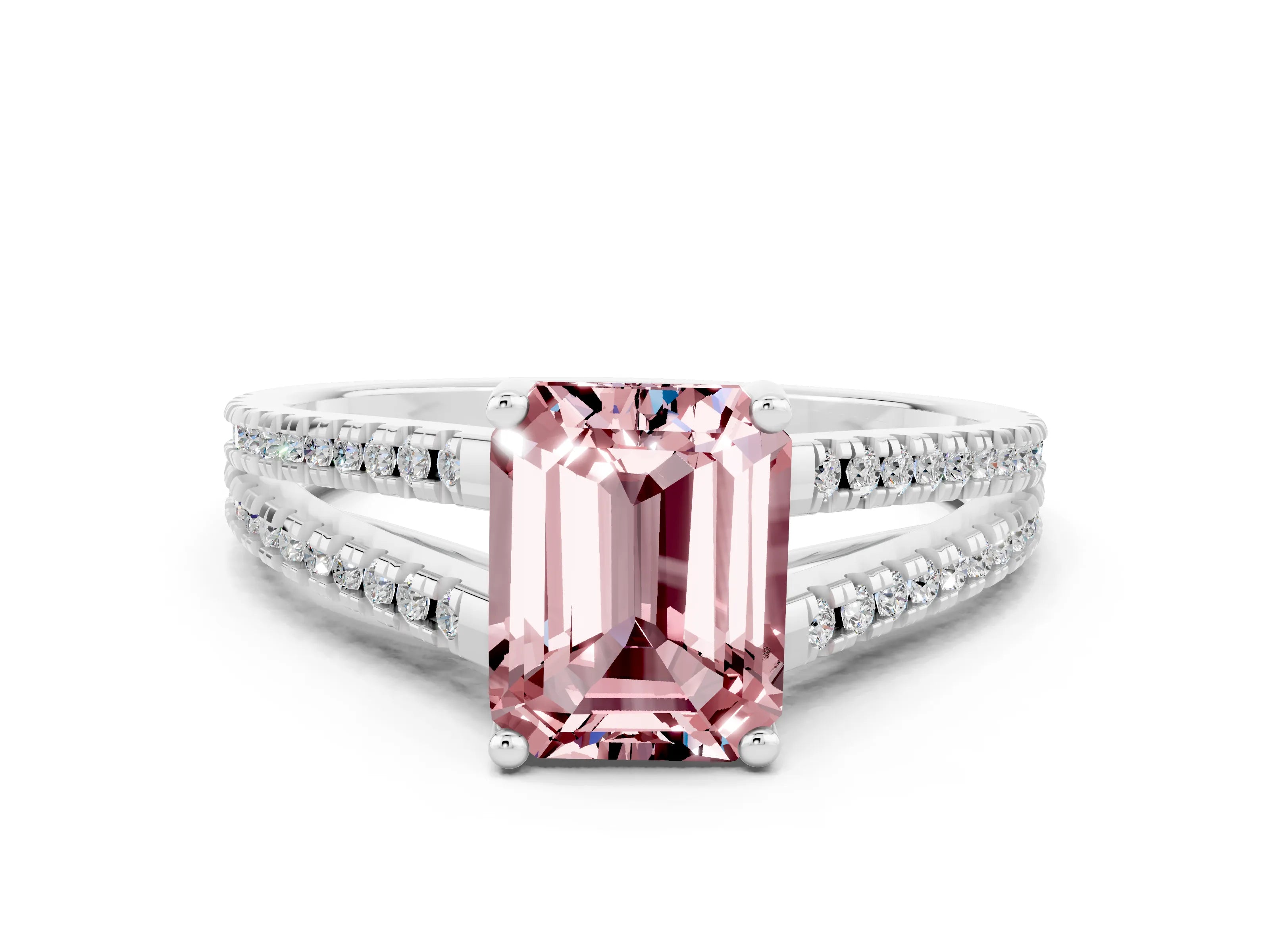White gold Emerald Cut Morganite Solitaire Engagement Ring with Split Shank Pavé Band