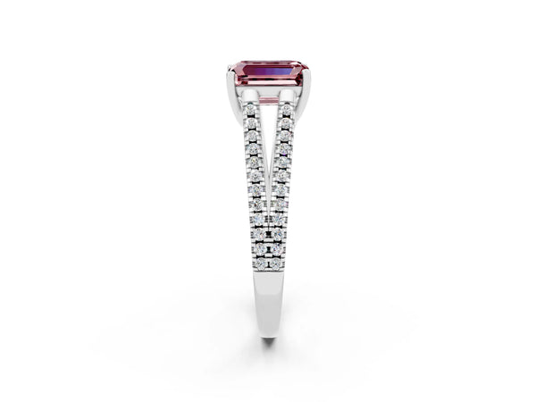 White gold Emerald Cut Morganite Solitaire Engagement Ring with Split Shank Pavé Band