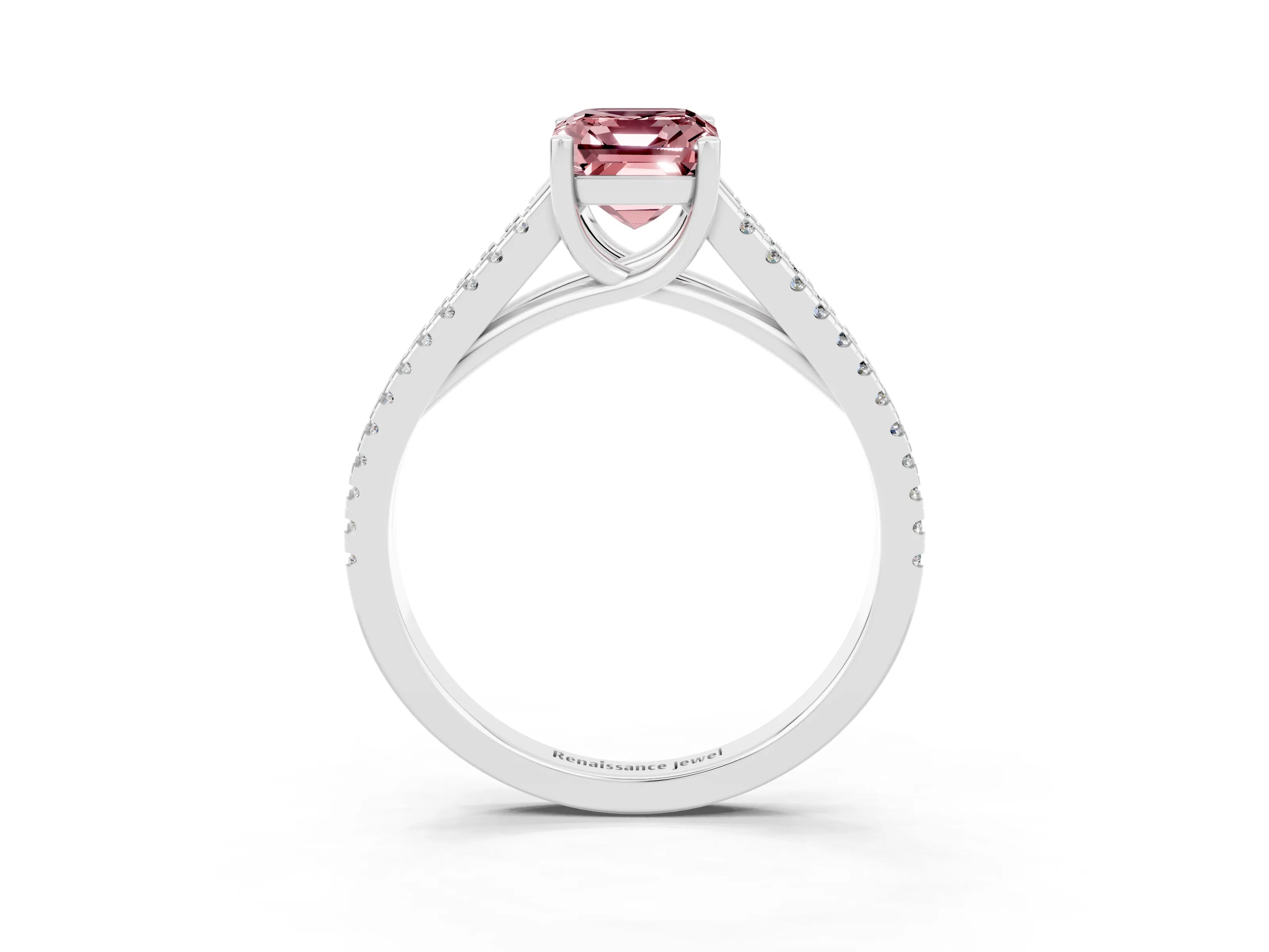 White gold Emerald Cut Morganite Solitaire Engagement Ring with Split Shank Pavé Band_3