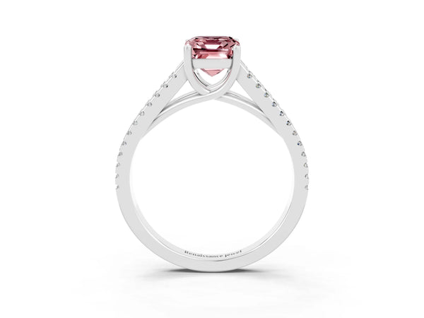 White gold Emerald Cut Morganite Solitaire Engagement Ring with Split Shank Pavé Band