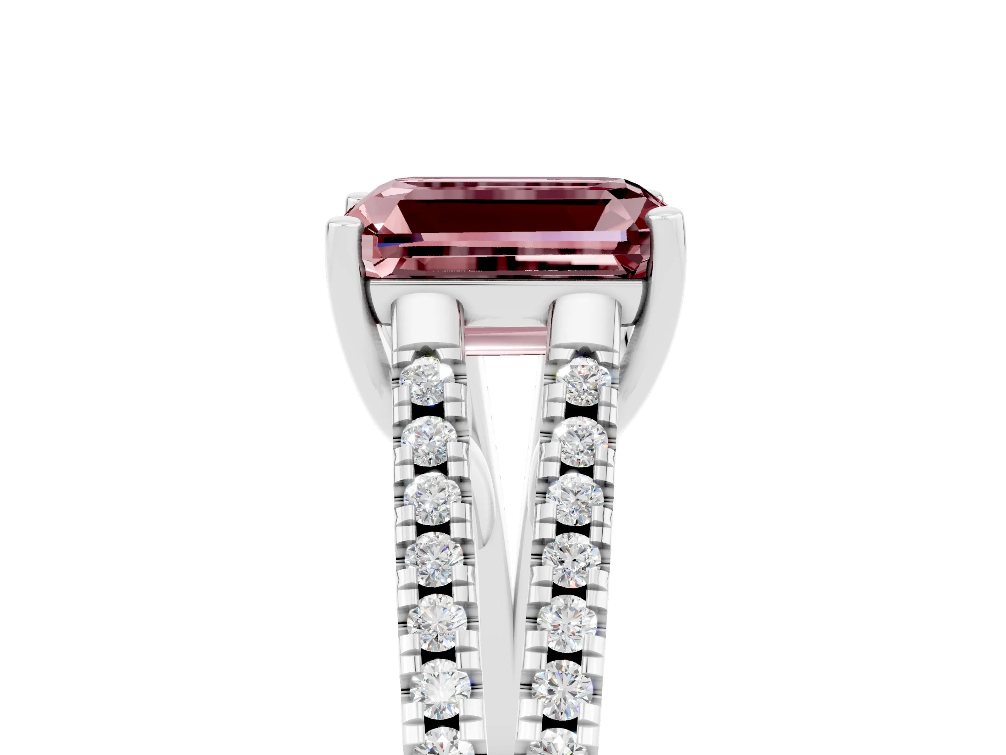 White gold Emerald Cut Morganite Solitaire Engagement Ring with Split Shank Pavé Band_5