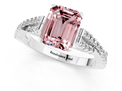 White gold Emerald Cut Morganite Solitaire Engagement Ring with Twisted Pavé Band and Four-Prong Setting_1