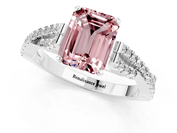 Silver Emerald Cut Morganite Solitaire Engagement Ring with Twisted Pavé Band and Four-Prong Setting