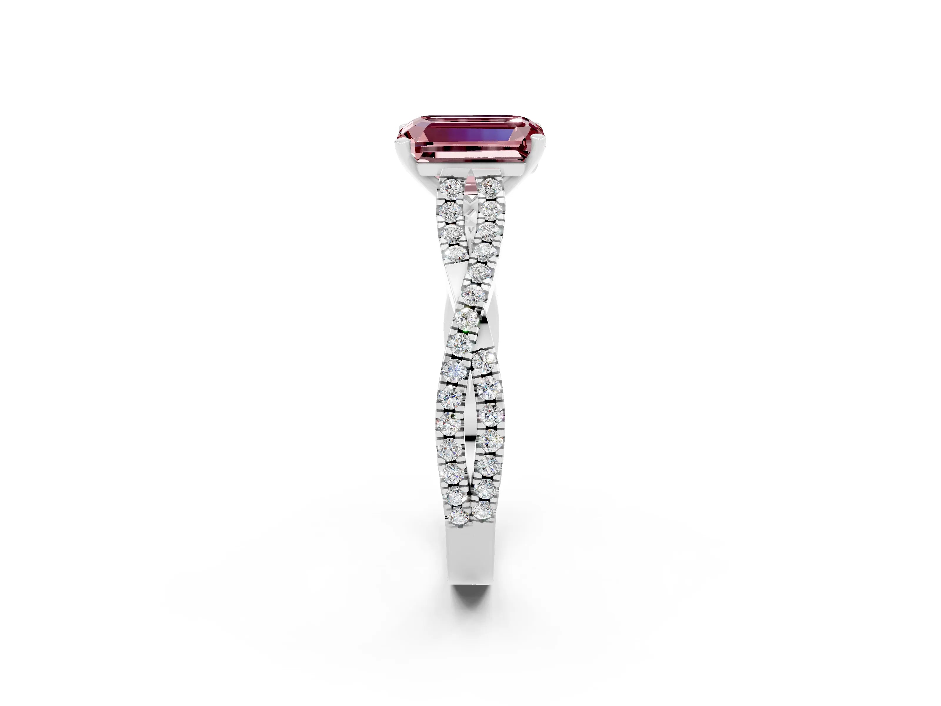 White gold Emerald Cut Morganite Solitaire Engagement Ring with Twisted Pavé Band and Four-Prong Setting_2