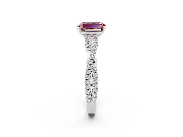 Silver Emerald Cut Morganite Solitaire Engagement Ring with Twisted Pavé Band and Four-Prong Setting