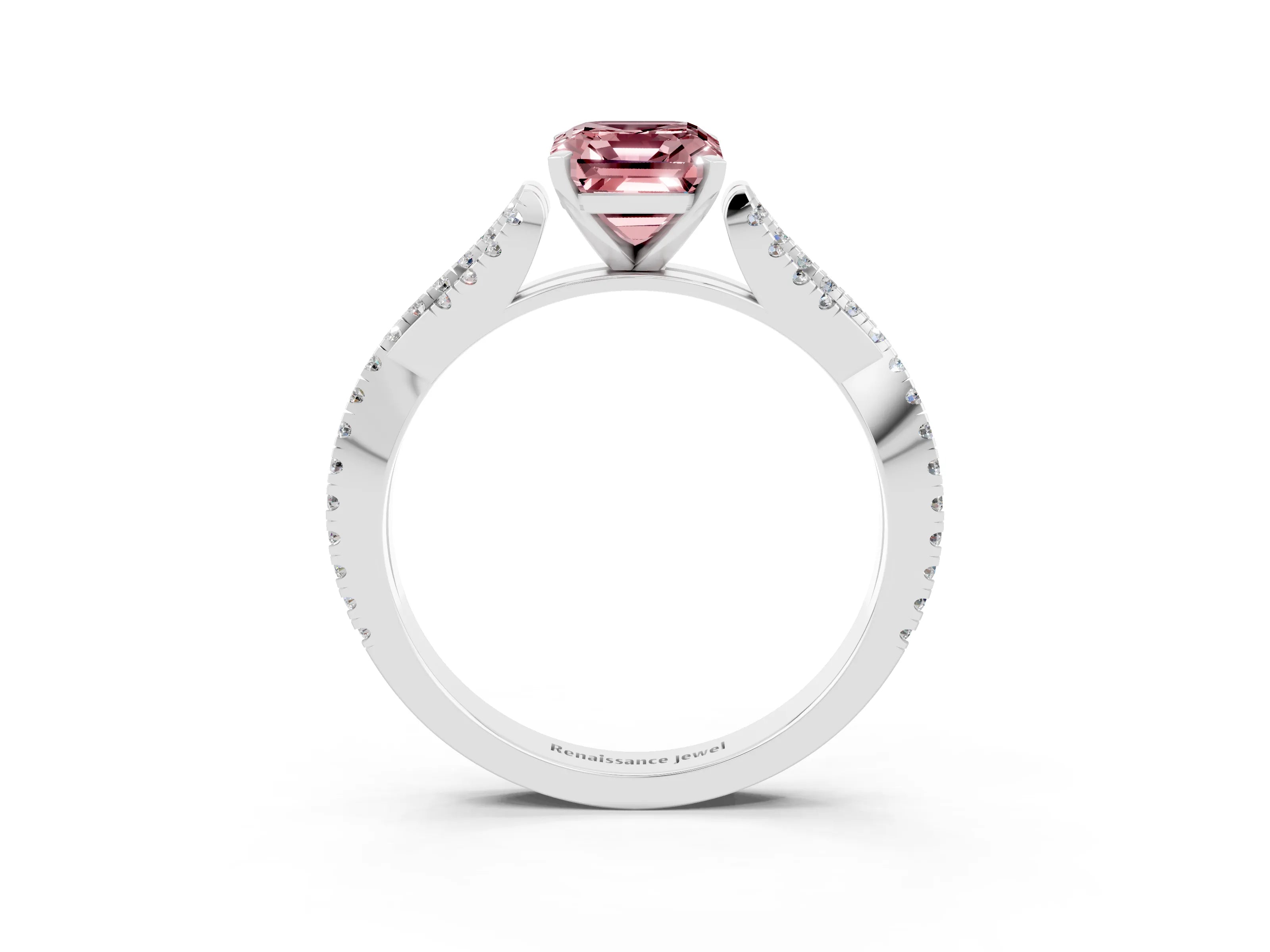 White gold Emerald Cut Morganite Solitaire Engagement Ring with Twisted Pavé Band and Four-Prong Setting_3