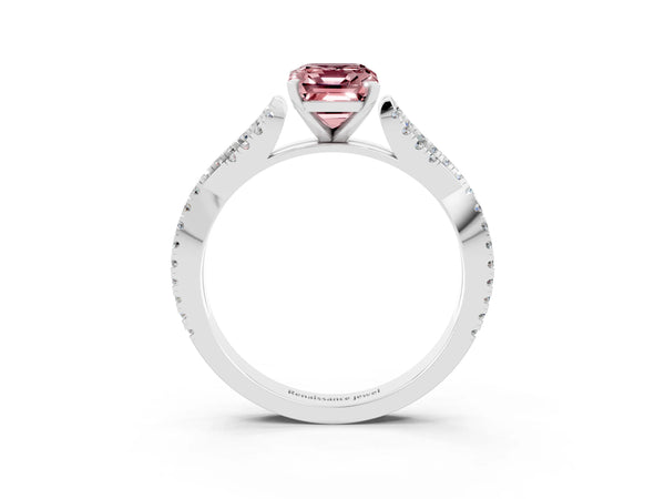 White gold Emerald Cut Morganite Solitaire Engagement Ring with Twisted Pavé Band and Four-Prong Setting