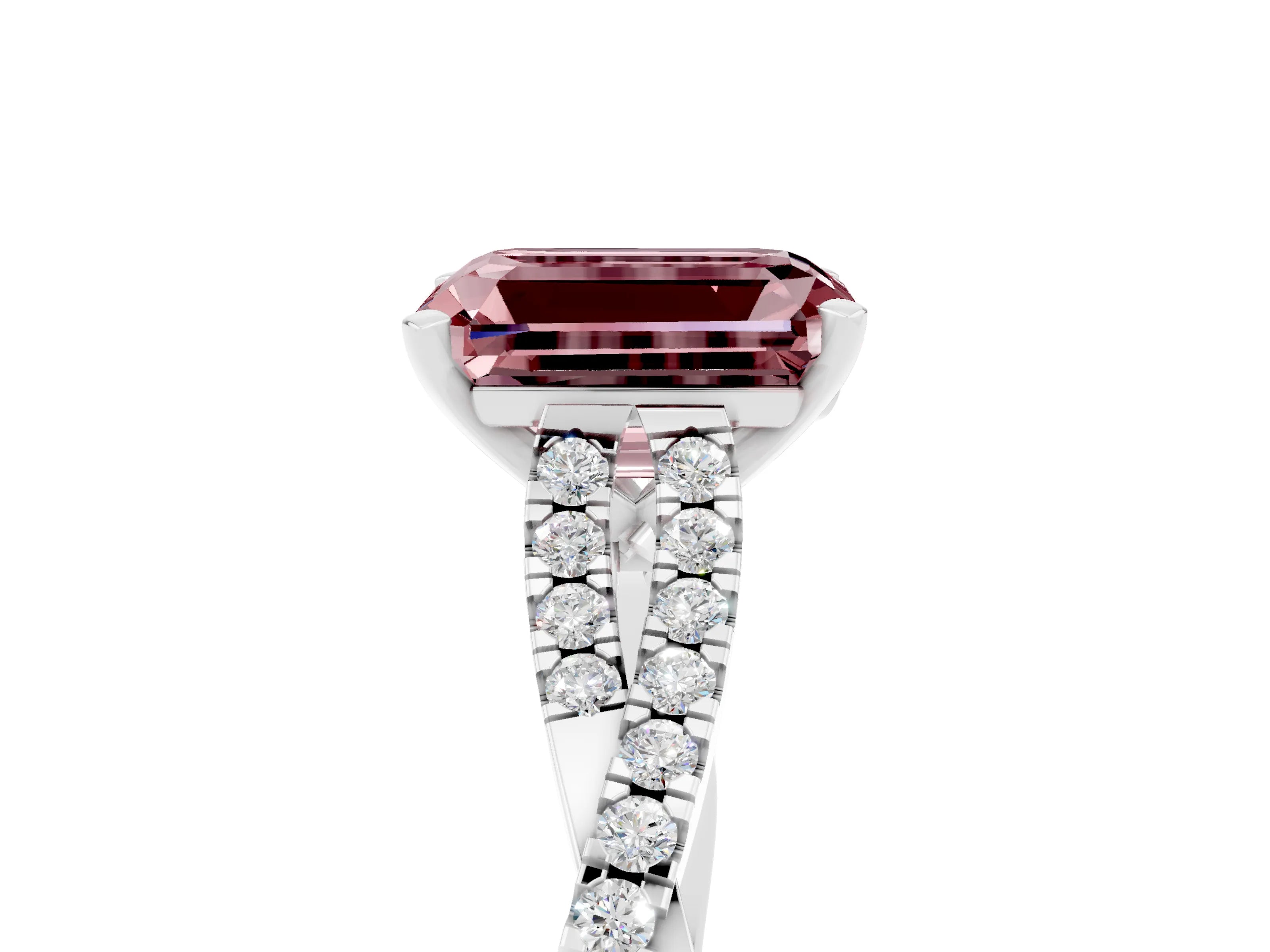 White gold Emerald Cut Morganite Solitaire Engagement Ring with Twisted Pavé Band and Four-Prong Setting_5