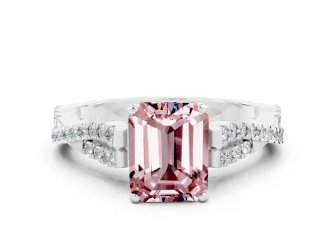 White gold Emerald Cut Morganite Solitaire Engagement Ring with Twisted Pavé Band and Four-Prong Setting