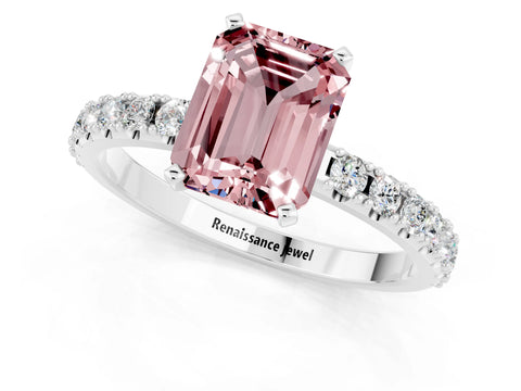 White gold Emerald Cut Morganite Solitaire Pavé Band with Four-Prong Setting_1