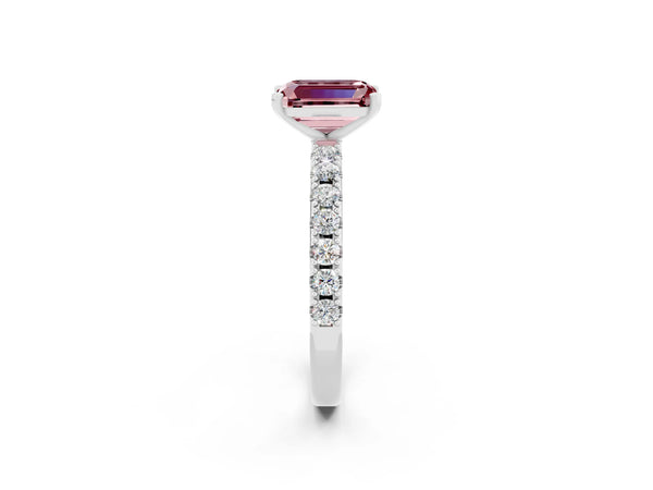 Platinum Emerald Cut Morganite Solitaire Pavé Band with Four-Prong Setting
