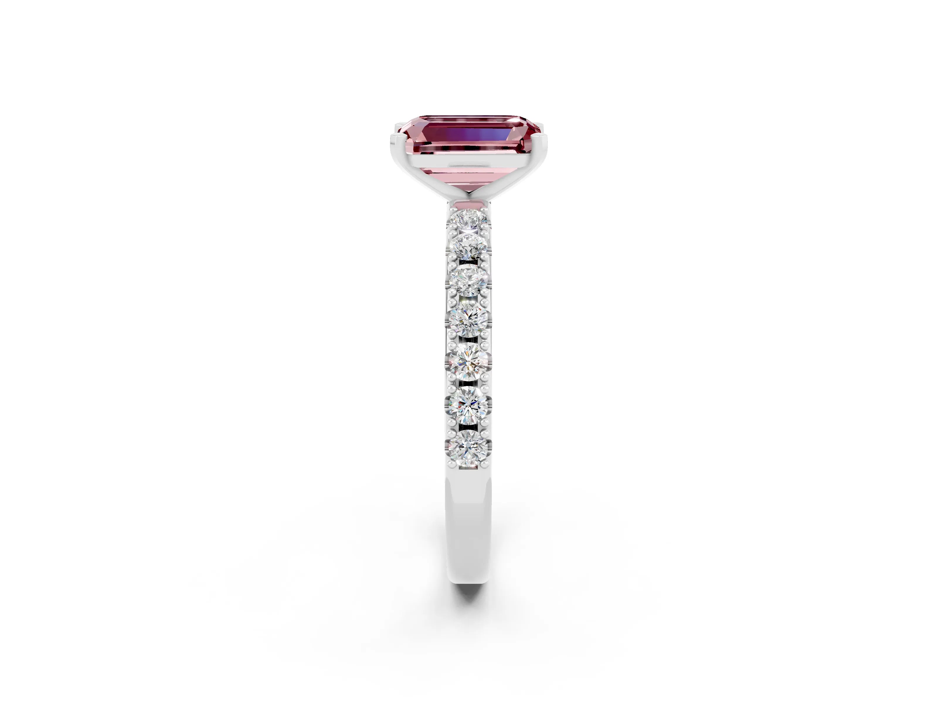 White gold Emerald Cut Morganite Solitaire Pavé Band with Four-Prong Setting_2
