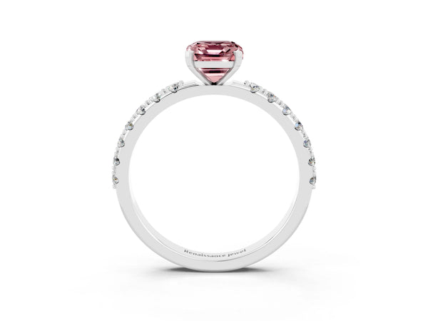 Silver Emerald Cut Morganite Solitaire Pavé Band with Four-Prong Setting
