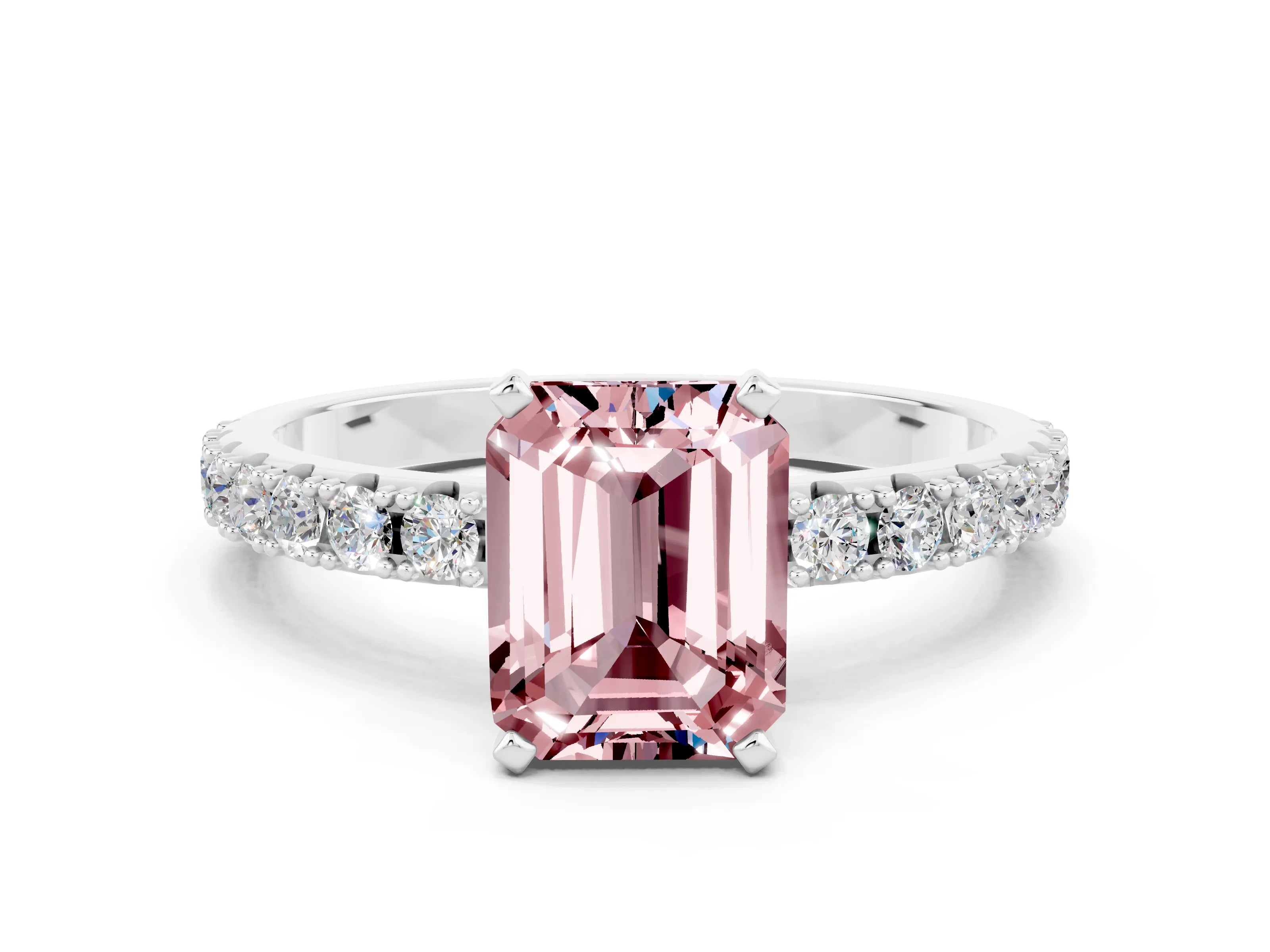 White gold Emerald Cut Morganite Solitaire Pavé Band with Four-Prong Setting