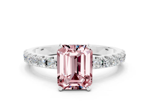 White gold Emerald Cut Morganite Solitaire Pavé Band with Four-Prong Setting