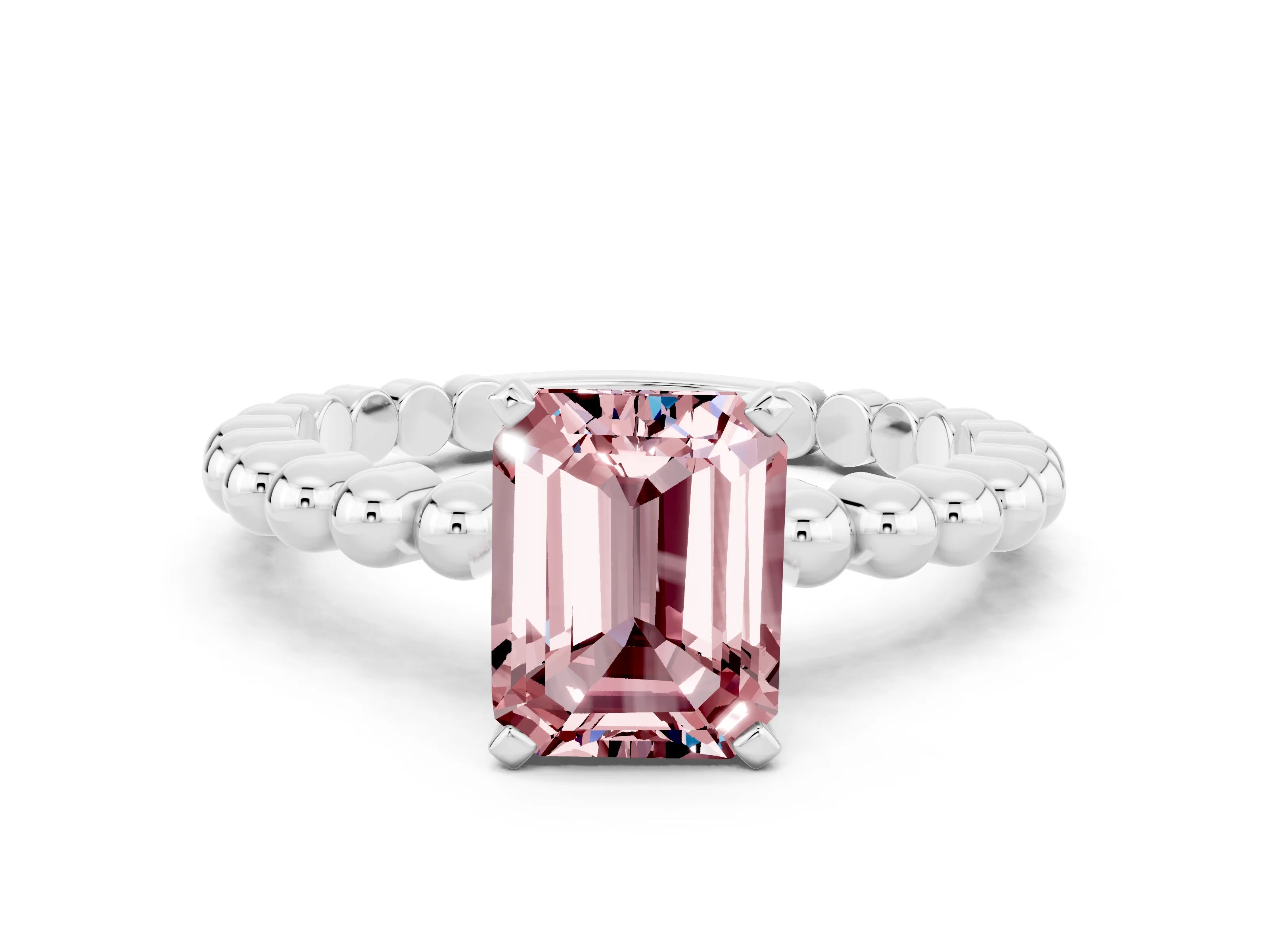 White gold Emerald Cut Morganite Solitaire Ring with Beaded Band and Prong Setting