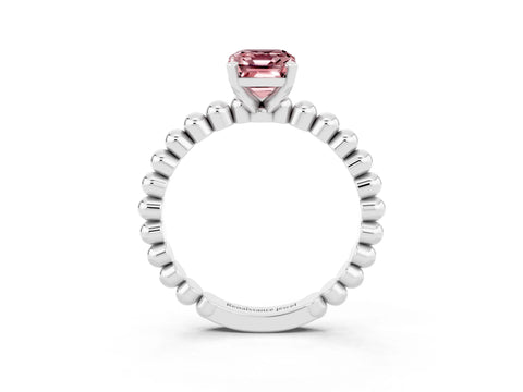 White gold Emerald Cut Morganite Solitaire Ring with Beaded Band and Prong Setting_15