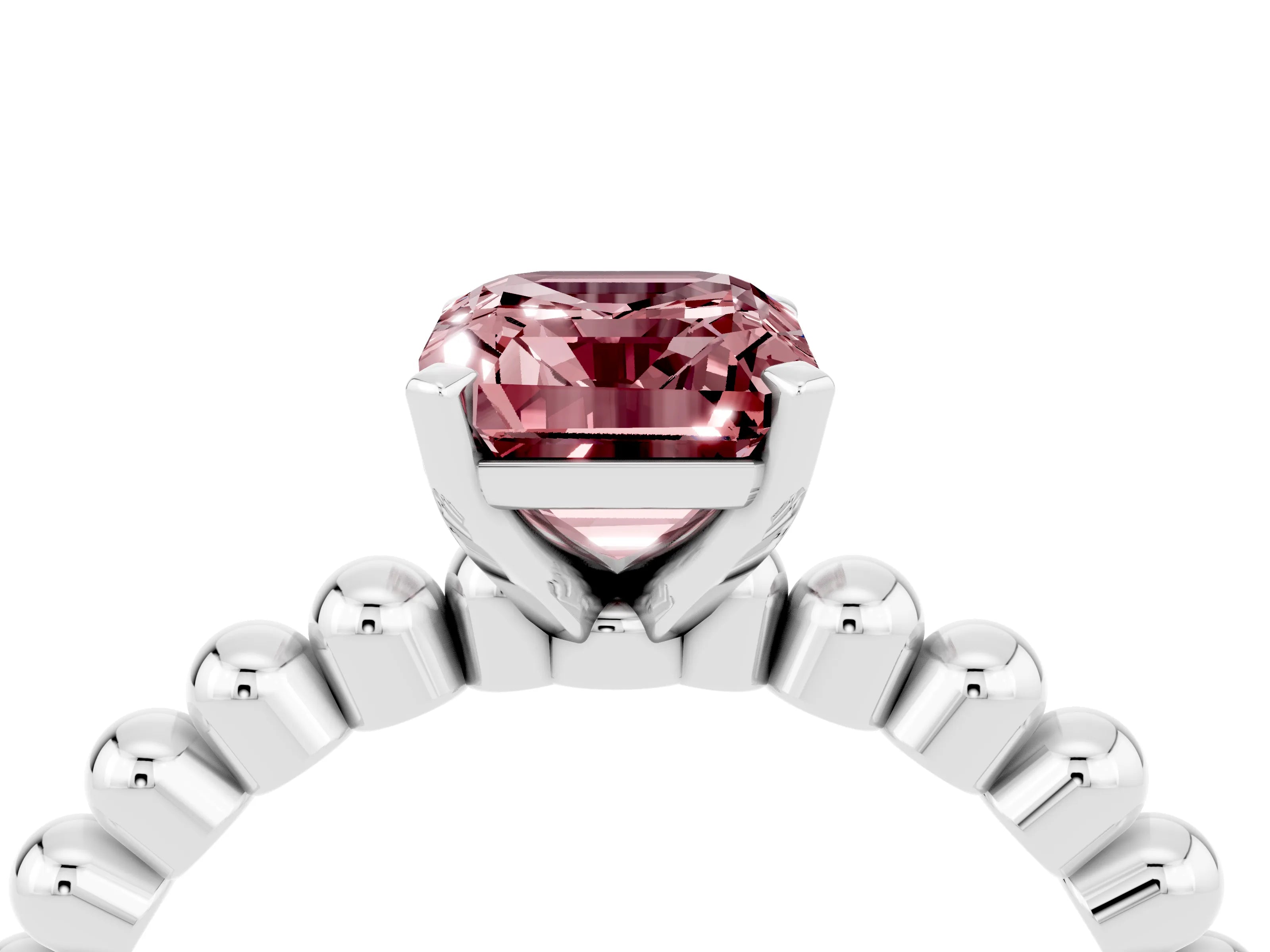White gold Emerald Cut Morganite Solitaire Ring with Beaded Band and Prong Setting_16