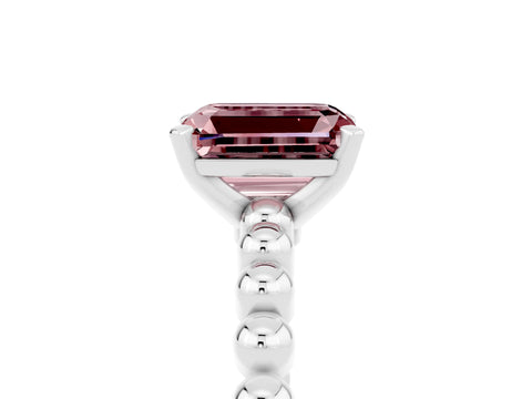 White gold Emerald Cut Morganite Solitaire Ring with Beaded Band and Prong Setting_17