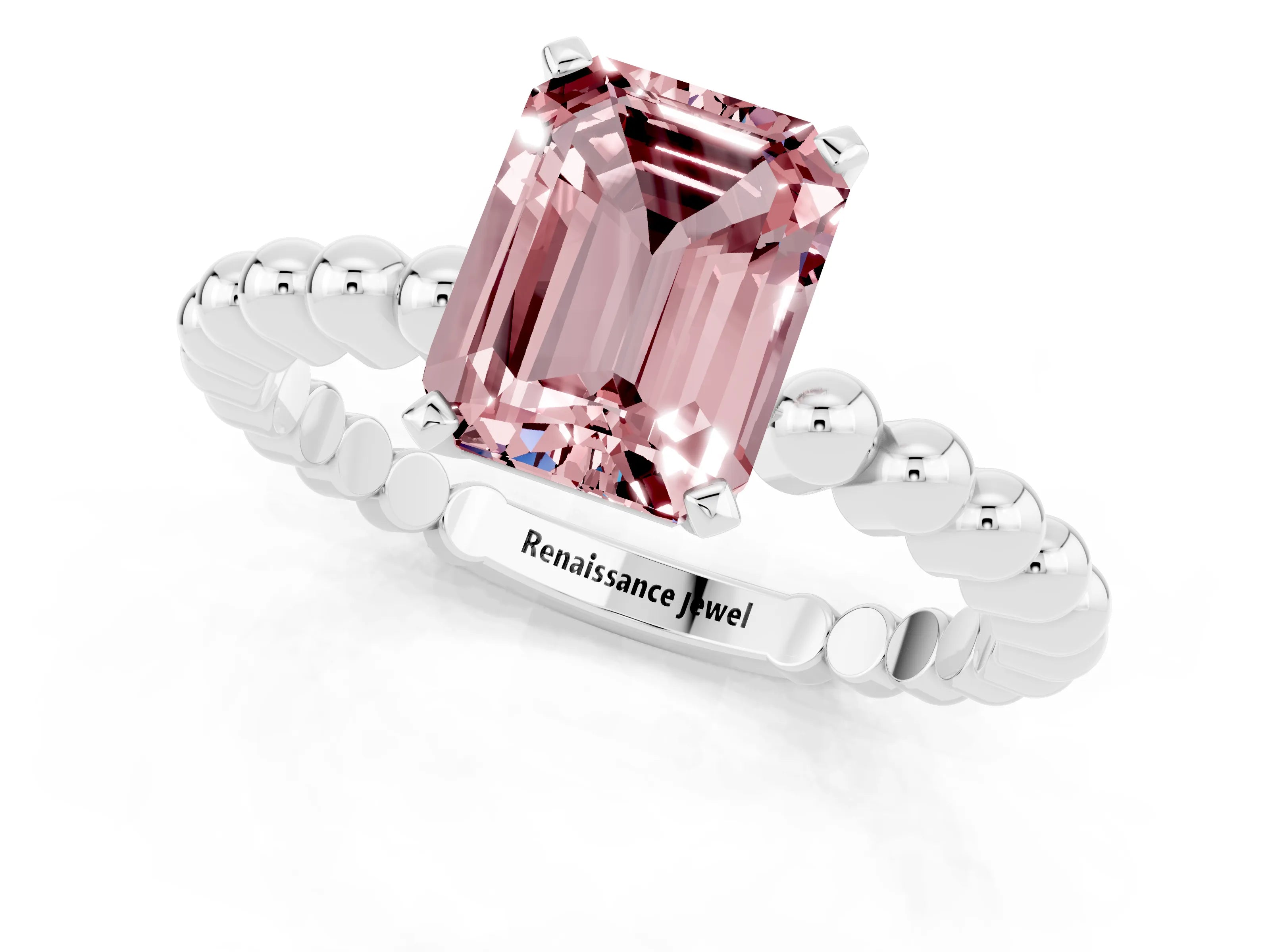 White gold Emerald Cut Morganite Solitaire Ring with Beaded Band and Prong Setting_1