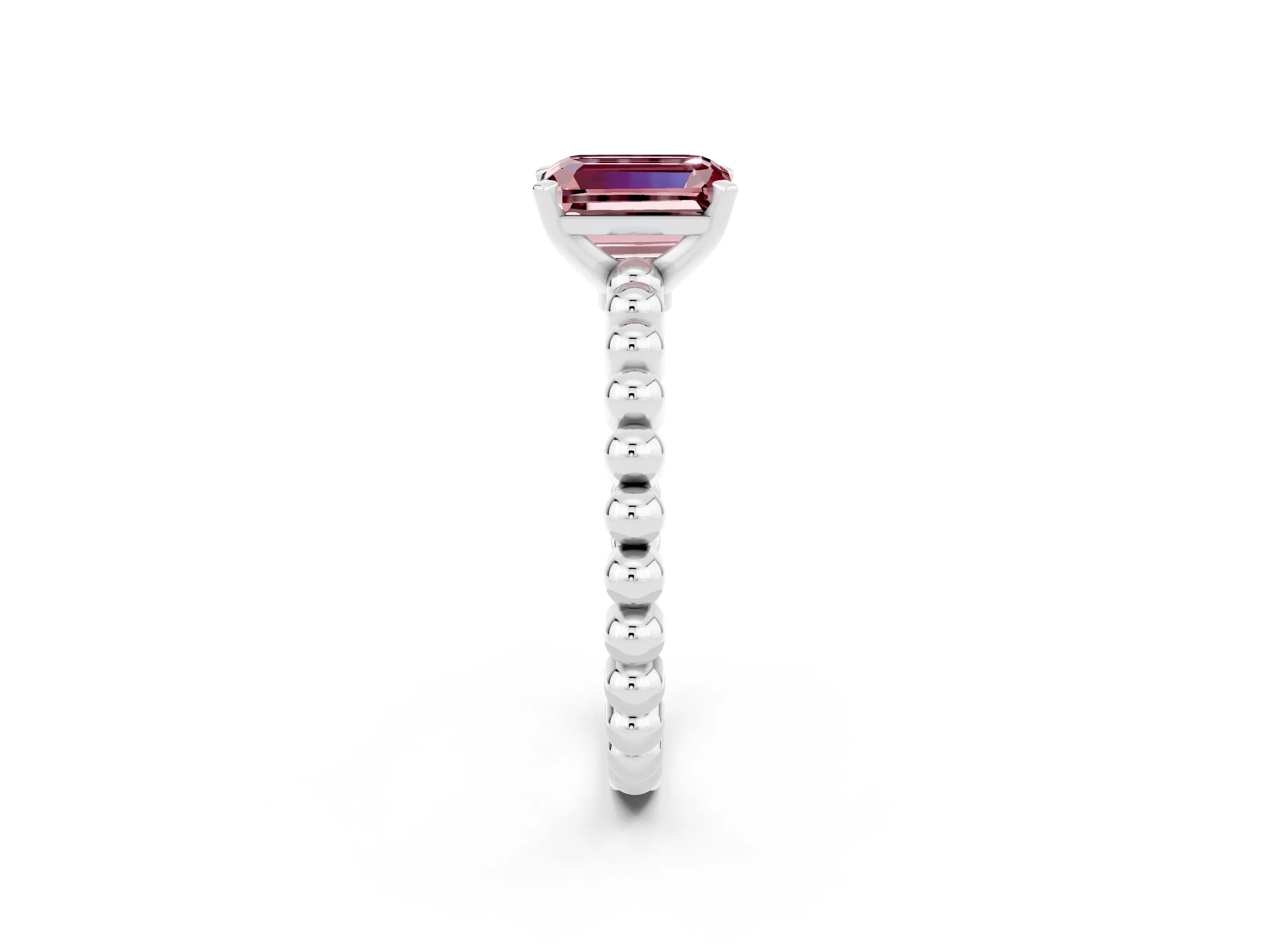 White gold Emerald Cut Morganite Solitaire Ring with Beaded Band and Prong Setting_2