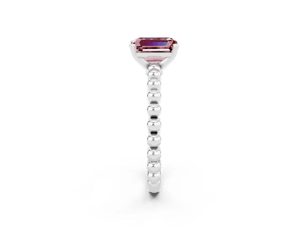 Silver Emerald Cut Morganite Solitaire Ring with Beaded Band and Prong Setting